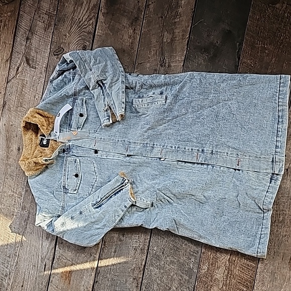 Long DENIM jean jacket/coat Fleece lined button thicker - Picture 3 of 11